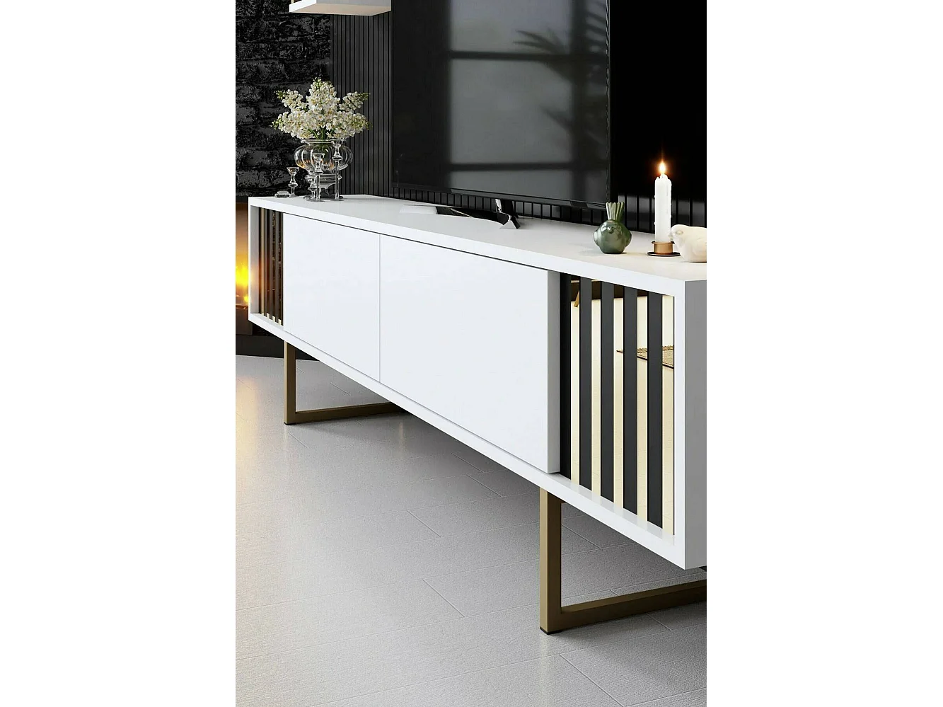 Meuble TV Eunomia, Buffet de salon, Armoire basse pour TV, Base murale de rangement, 180x30h48 cm, Blanc et Noir