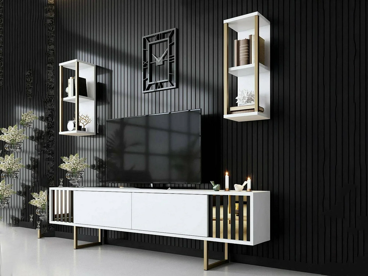 Meuble TV Eunomia, Buffet de salon, Armoire basse pour TV, Base murale de rangement, 180x30h48 cm, Blanc et Noir