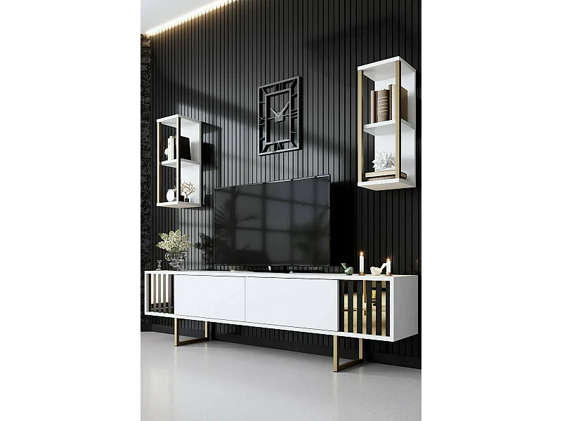 Mueble de televisión Dliveran, Aparador de salón, Mueble bajo para TV, Base de pared equipada, 180x30h48 cm, Blanco y Negro