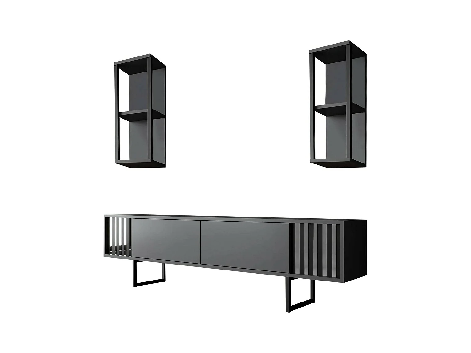 Meuble TV Ananke, Buffet de salon, Armoire basse pour TV, Base murale de rangement, 180x30h48 cm, Anthracite et Noir