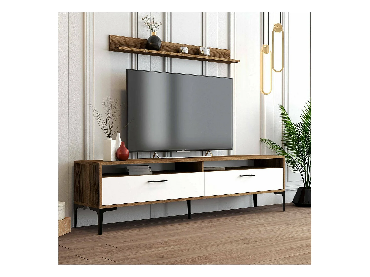 Meuble Mural Edasich, Composition du salon, Meubles de salon polyvalents, Meuble télé, 180x35h47 cm, Noyer et Blanc