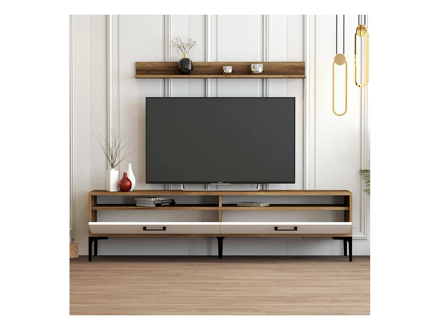 Meuble Mural Edasich, Composition du salon, Meubles de salon polyvalents, Meuble télé, 180x35h47 cm, Noyer et Blanc