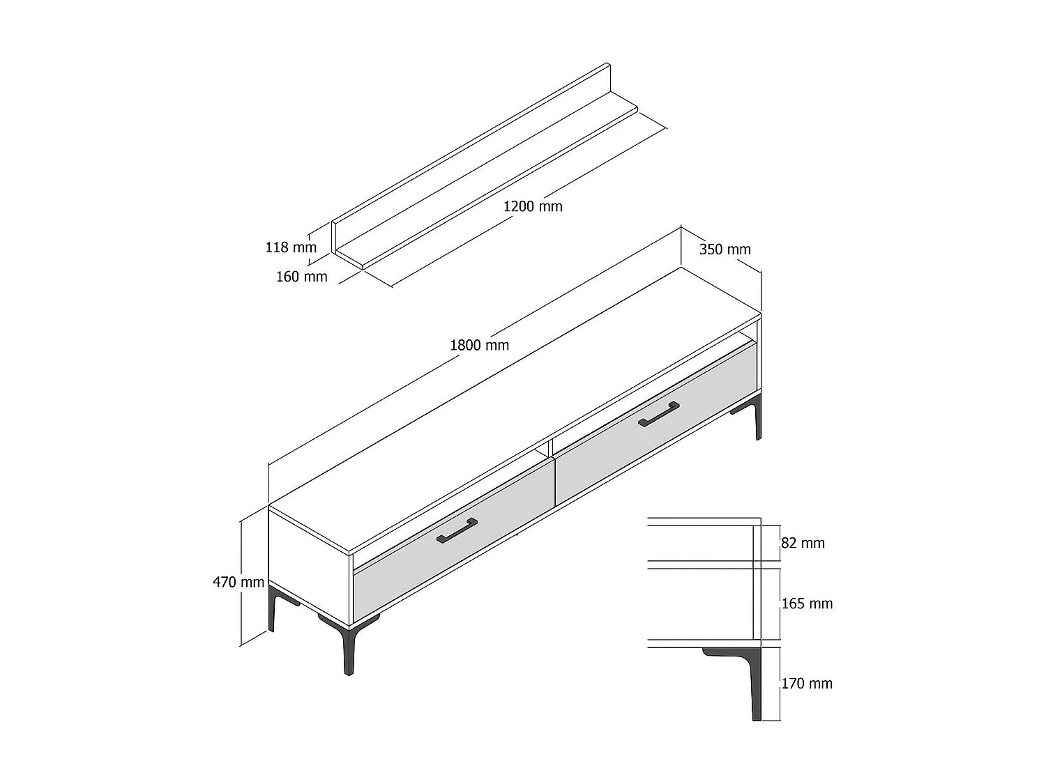 Wohnzimmermöbel Dkatseri, Modulares Wohnzimmerset, Mehrzweck-Wohnzimmermöbel, Moderner TV-Schrank, 180x35h47 cm, Walnuss und WeiÃŸ