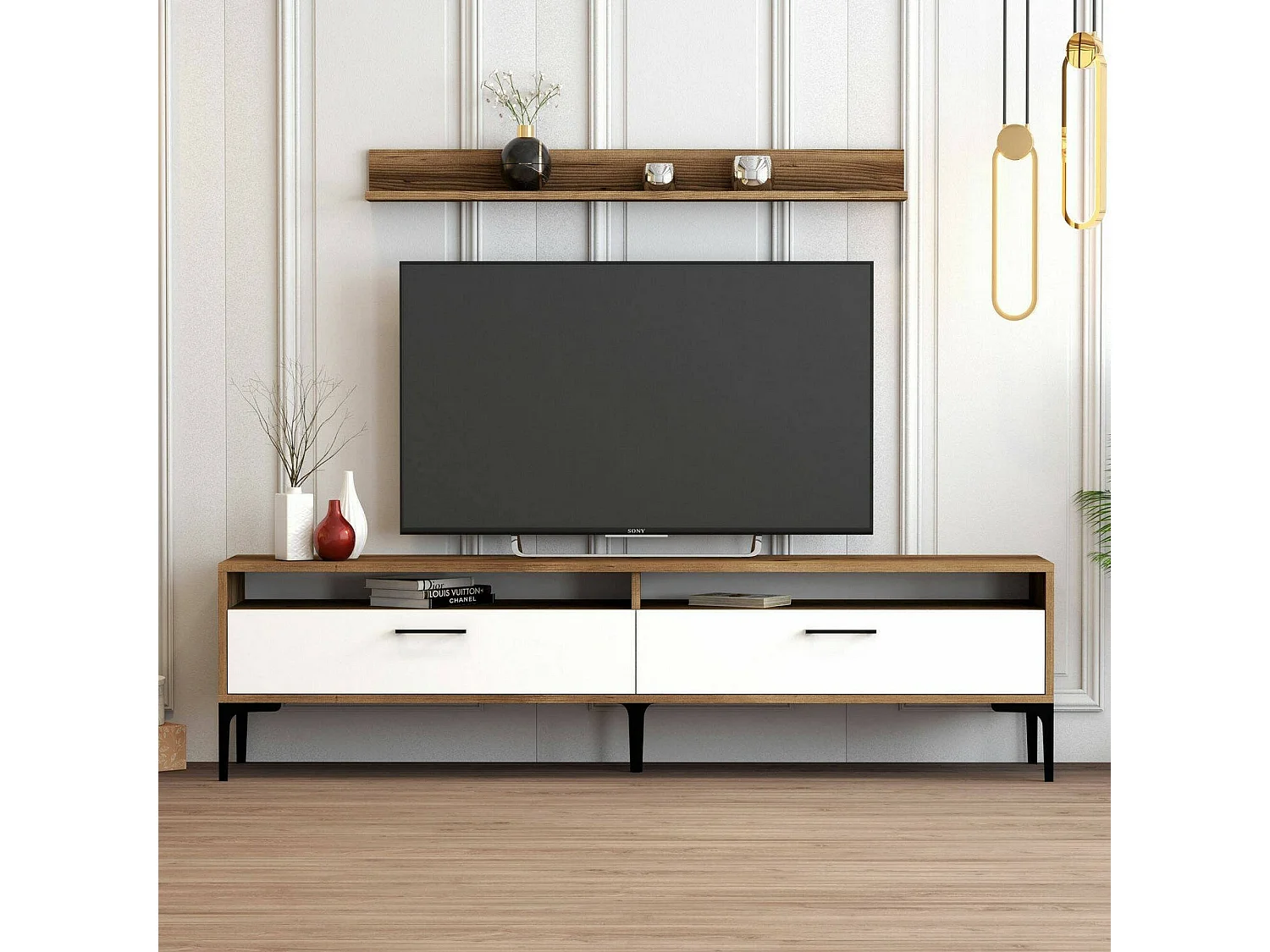 Wohnzimmermöbel Dkatseri, Modulares Wohnzimmerset, Mehrzweck-Wohnzimmermöbel, Moderner TV-Schrank, 180x35h47 cm, Walnuss und WeiÃŸ