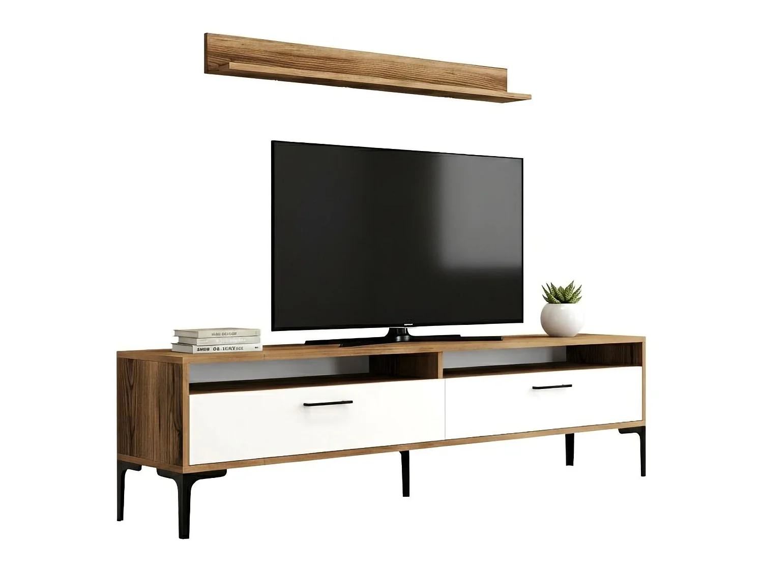 Dkatseri uitgeruste muur, Woonkamer samenstelling, Multifunctionele zitkast, TV kast, 180x35h47 cm, Walnoot en Wit