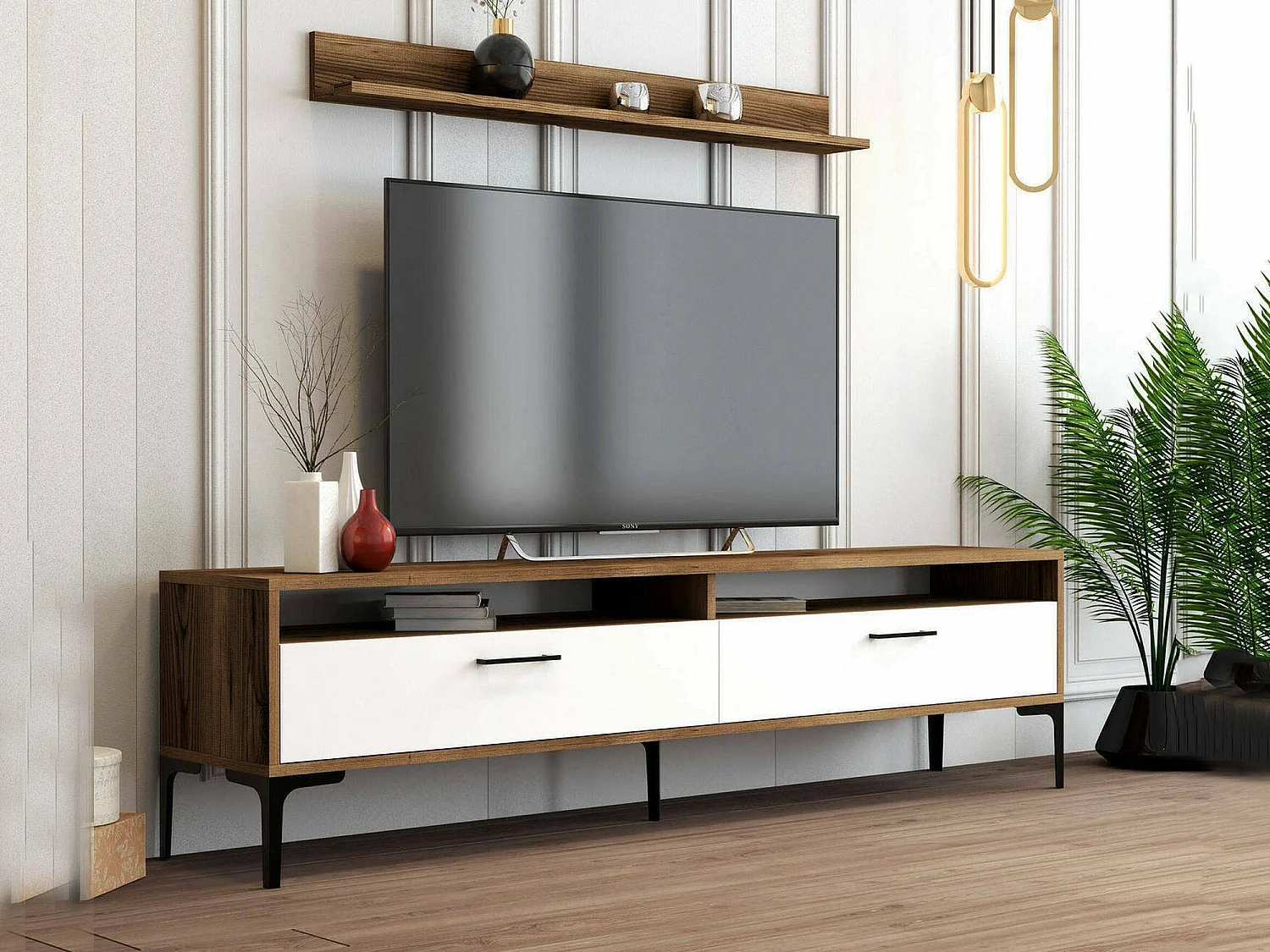 Dkatseri uitgeruste muur, Woonkamer samenstelling, Multifunctionele zitkast, TV kast, 180x35h47 cm, Walnoot en Wit