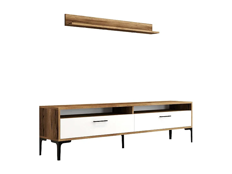 Parede equipada Dkatseri, Composição da sala de estar, Armário de estar multiuso, Armário de TV, 180x35h47 cm, Noz e Branco