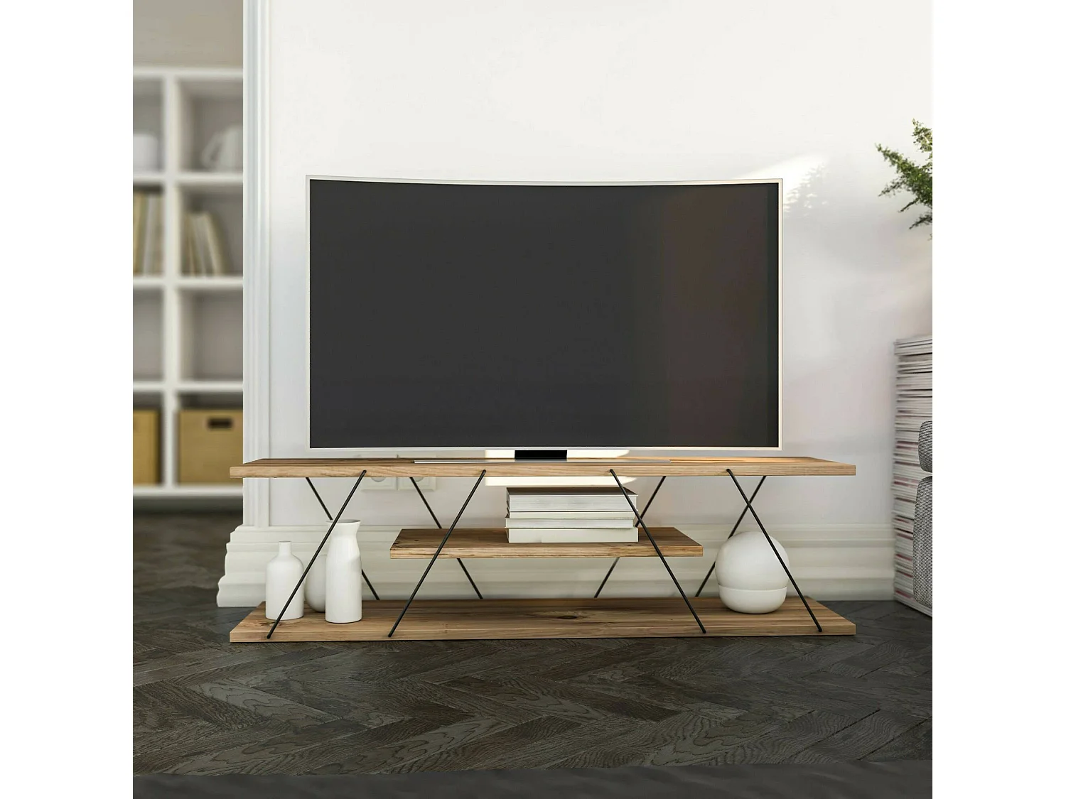 Meuble TV Lysithea, Buffet de salon, Armoire basse pour TV, Base murale de rangement, 120x30h33 cm, Noir et Noyer