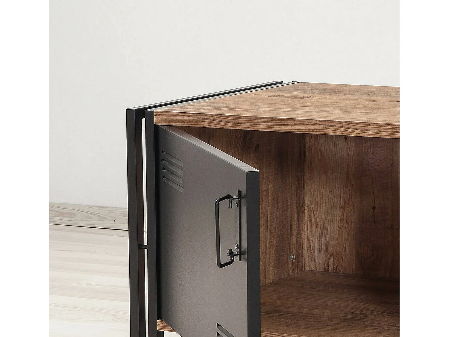 Meuble TV Polaris, Buffet de salon, Armoire basse pour TV, Base murale de rangement, 130x45h50 cm, Chêne et Noir