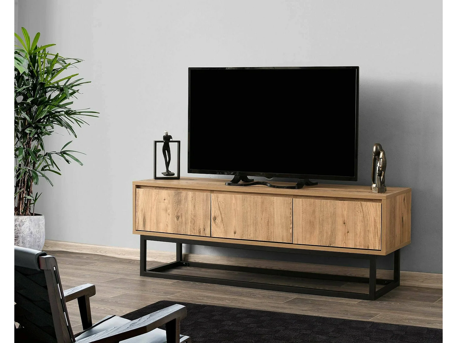 Meuble TV Suhail, Buffet de salon, Armoire basse pour TV, Base murale de rangement, 140x40h50 cm, Chêne et Noir