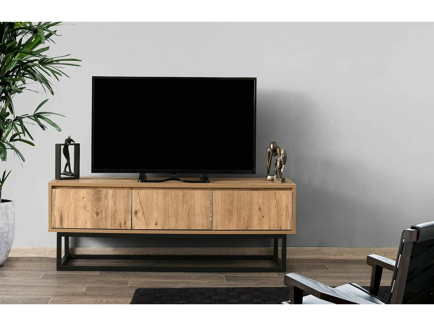 Meuble TV Suhail, Buffet de salon, Armoire basse pour TV, Base murale de rangement, 140x40h50 cm, Chêne et Noir