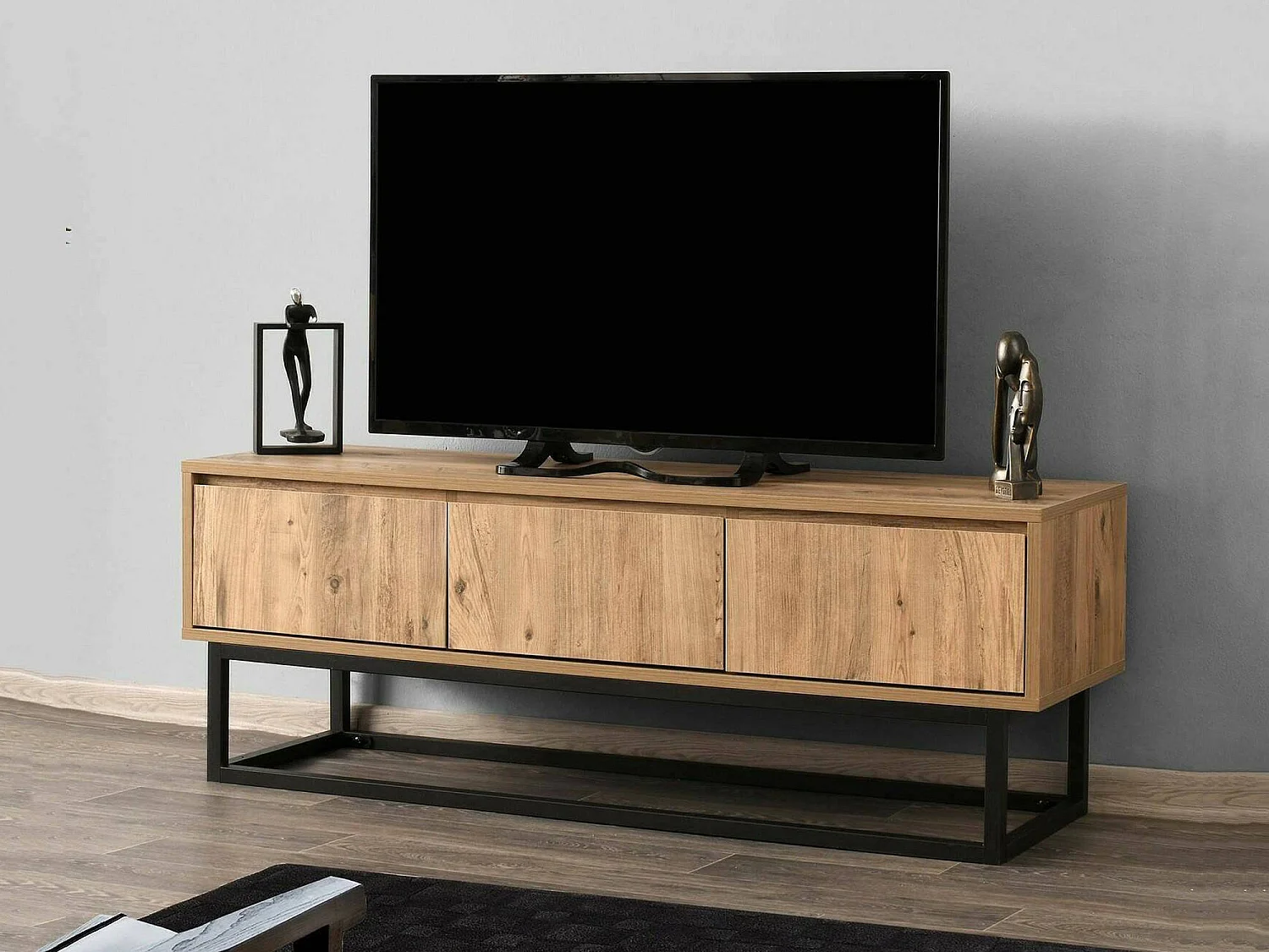 Tv-meubelDpinat, Woonkamer dressoir, Lage tv kast, Ingebouwde wandvoet, 140x40h50 cm, Eiken en Zwart