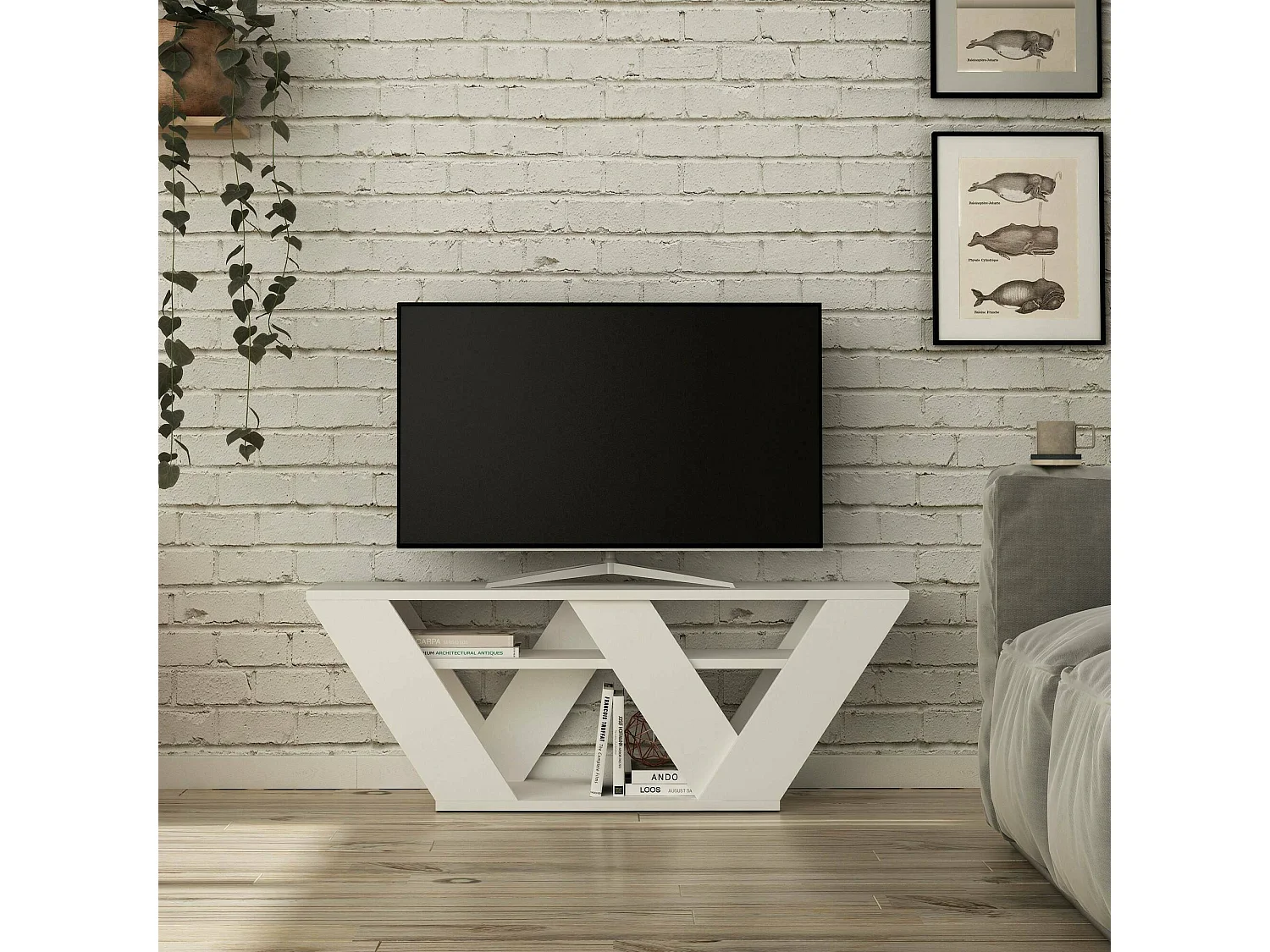 Meuble TV Pegasus, Buffet de salon, Armoire basse pour TV, Base murale de rangement, 110x30h40 cm, Blanc