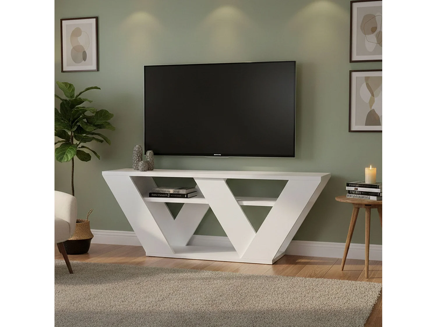 Meuble TV Pegasus, Buffet de salon, Armoire basse pour TV, Base murale de rangement, 110x30h40 cm, Blanc