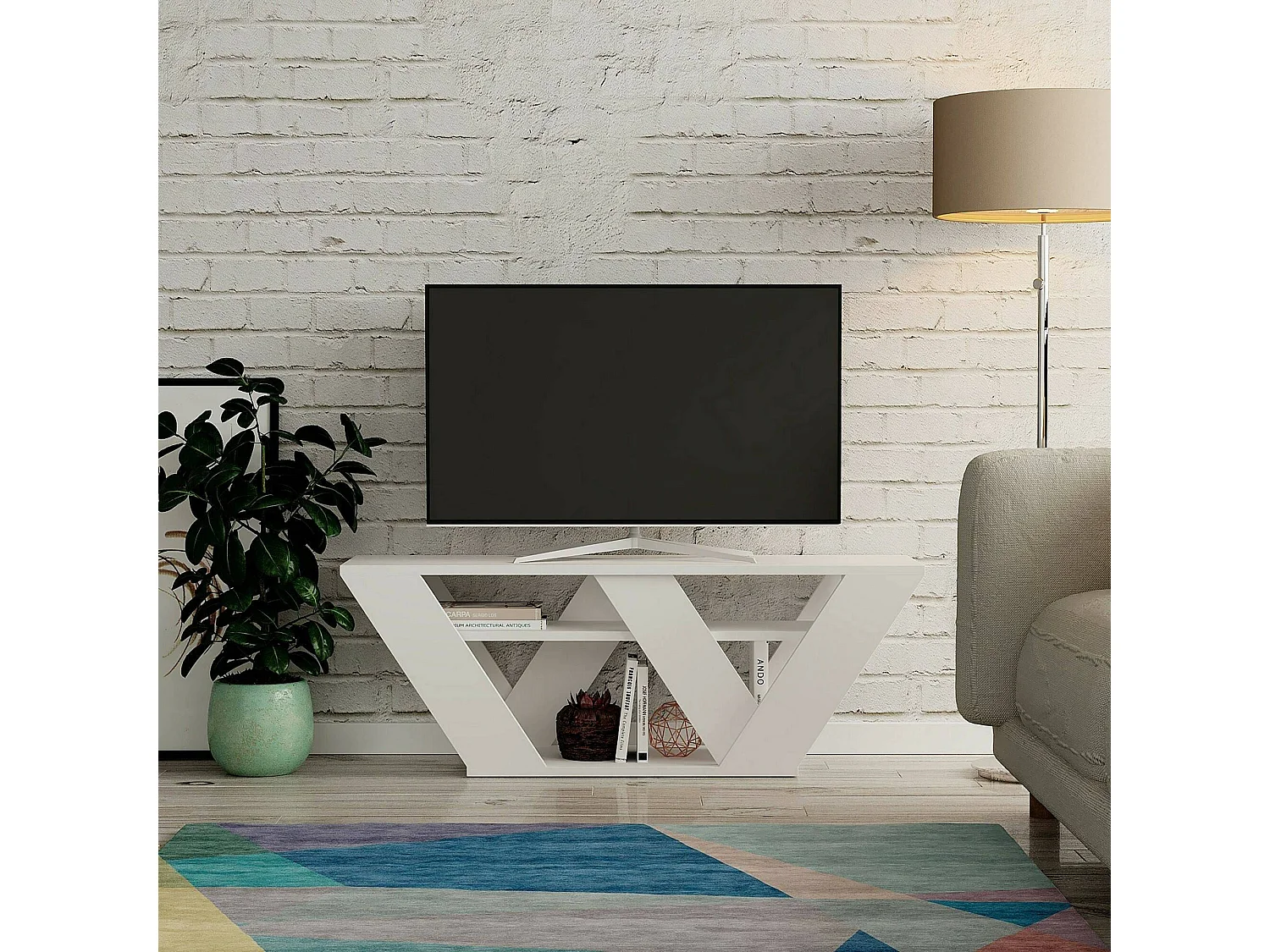 Meuble TV Pegasus, Buffet de salon, Armoire basse pour TV, Base murale de rangement, 110x30h40 cm, Blanc