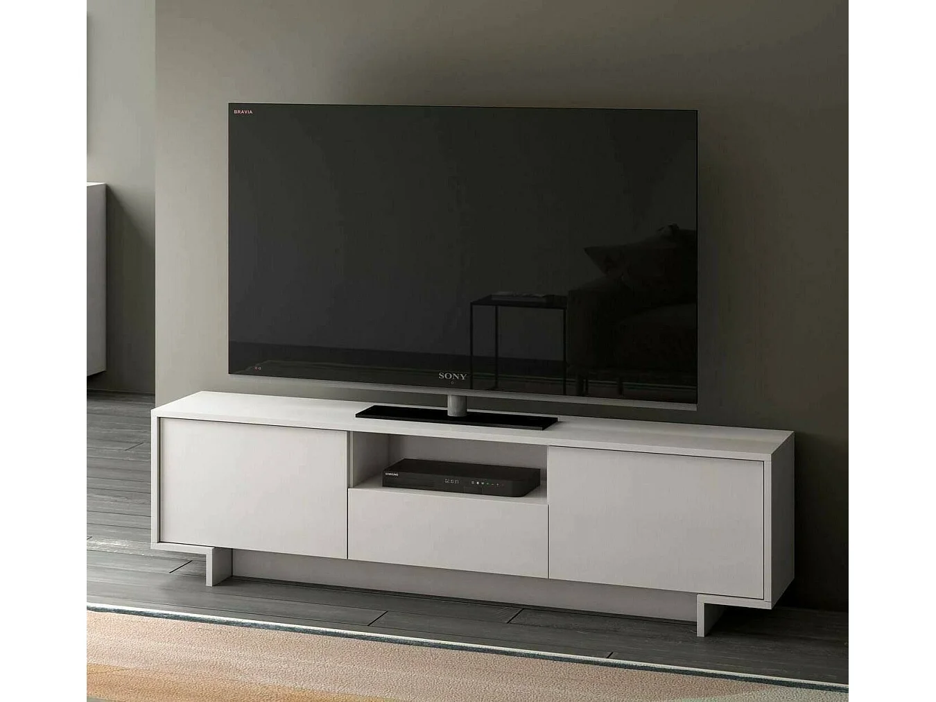 Darrighin tv-standaard, tv-standaard in de woonkamer, lage woonkamer met 2 deuren en 1 lade, 100% Made in Italy, 170x42h48 cm, Wit