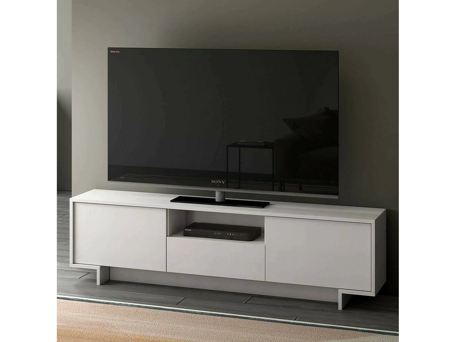 Meuble TV Andromeda, Meuble TV pour salon, Buffet bas de salon avec 2 portes et 1 tiroir, 100% Made in Italy, 170x42h48 cm, Blanc