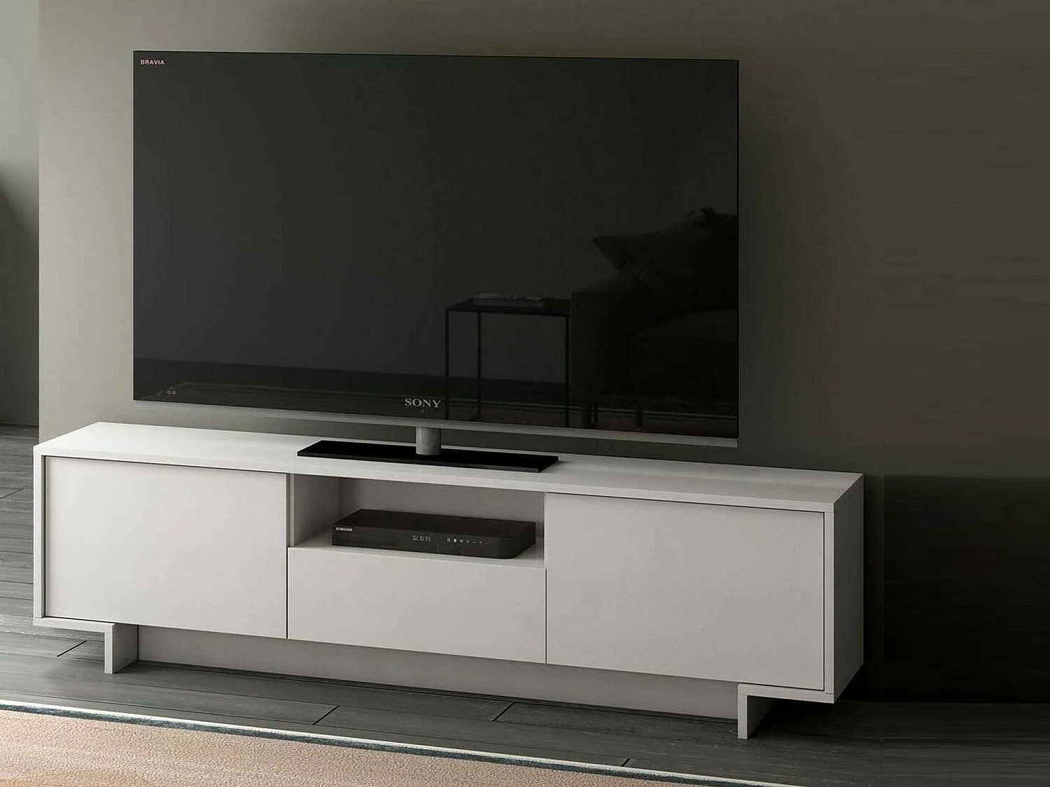Meuble TV Andromeda, Meuble TV pour salon, Buffet bas de salon avec 2 portes et 1 tiroir, 100% Made in Italy, 170x42h48 cm, Blanc