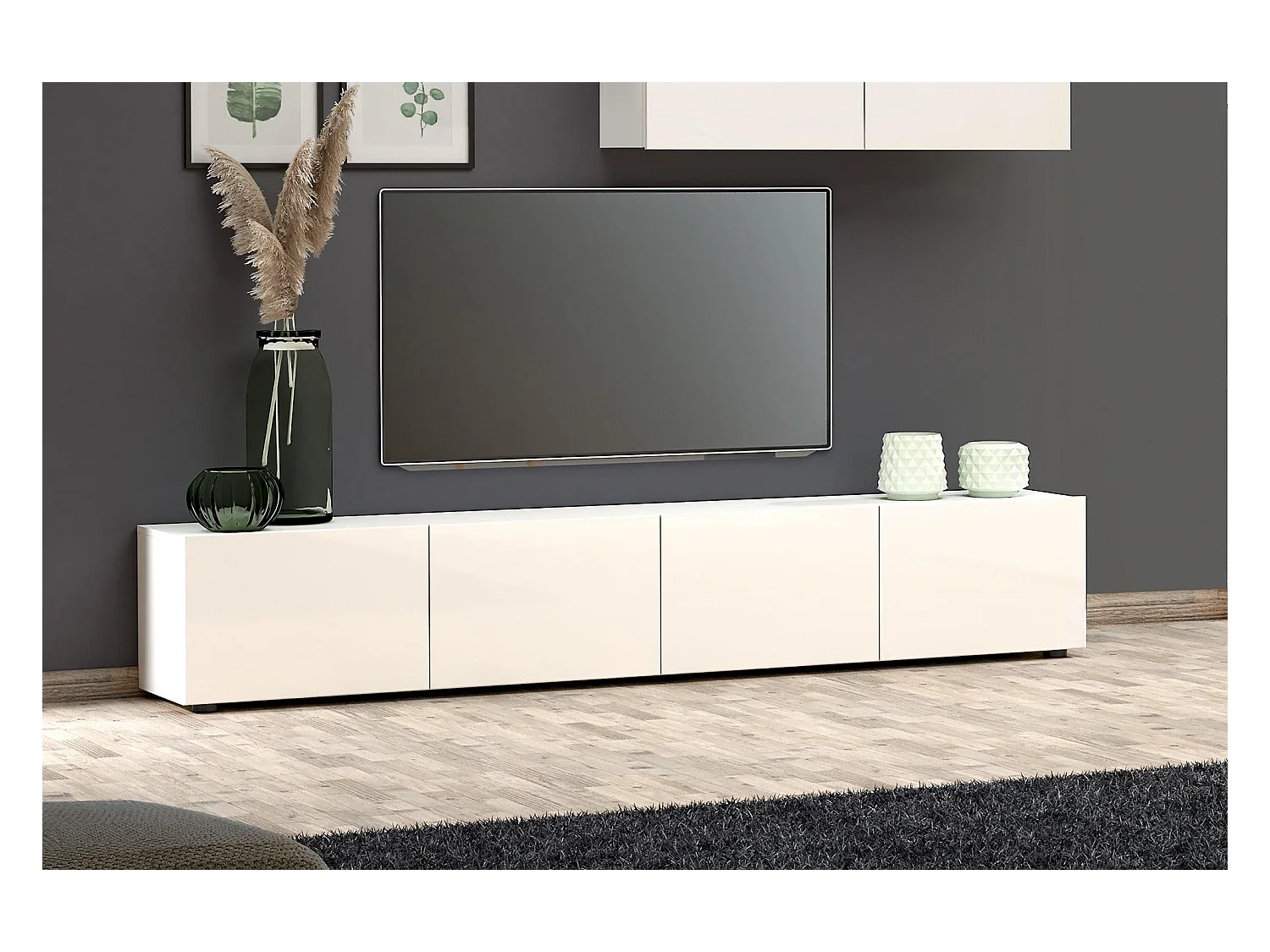 Meuble TV Randfontein, Buffet de salon, Armoire basse pour TV, Base murale de rangement, Made in Italy, 225x38h39 cm, Blanc brillant