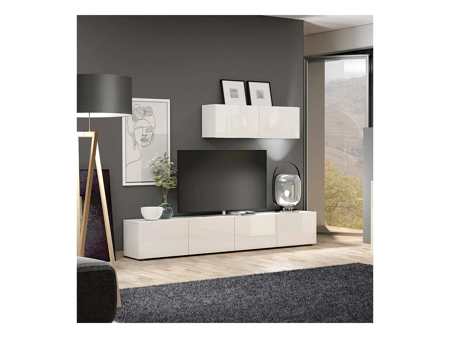 Meuble TV Randfontein, Buffet de salon, Armoire basse pour TV, Base murale de rangement, Made in Italy, 225x38h39 cm, Blanc brillant