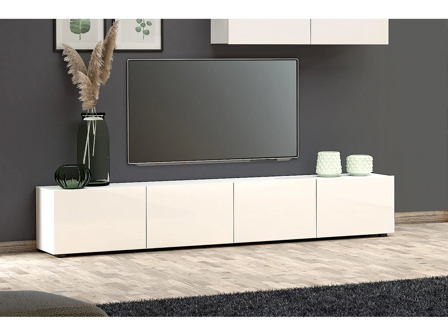 Meuble TV Randfontein, Buffet de salon, Armoire basse pour TV, Base murale de rangement, Made in Italy, 225x38h39 cm, Blanc brillant