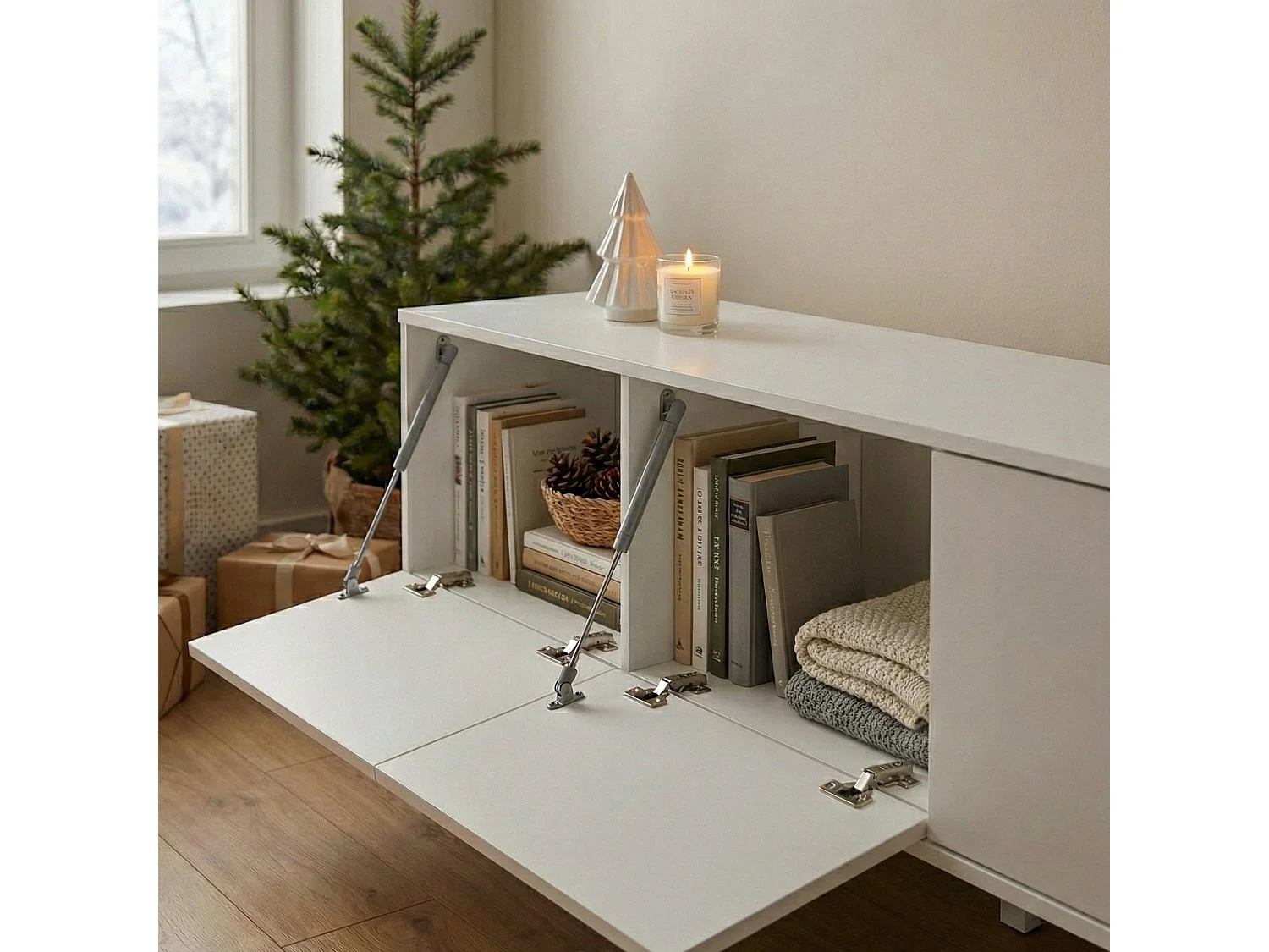 Fernsehschrank Dfalzeran, Ständer für Wohnzimmerfernseher, Niedriges Wohnzimmer-Sideboard, TV-Ständerbasis, Made in Italy, 225x38h39 cm, Glänzendes WeiÃŸ