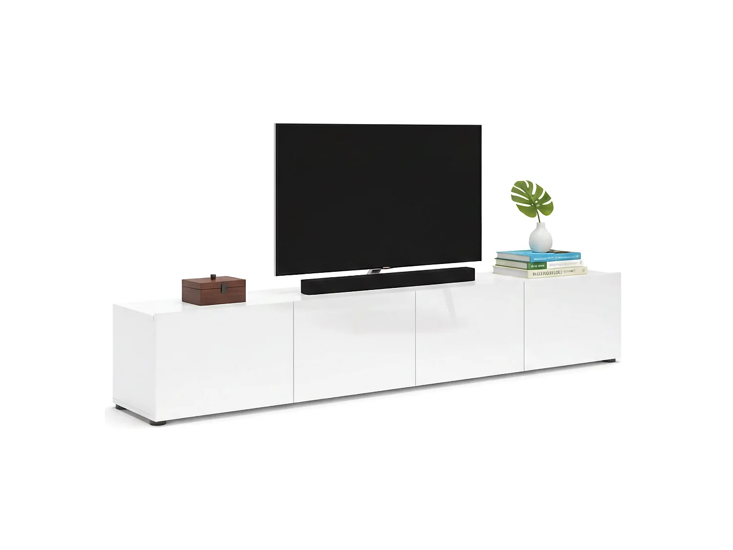 Meuble TV Randfontein, Buffet de salon, Armoire basse pour TV, Base murale de rangement, Made in Italy, 225x38h39 cm, Blanc brillant