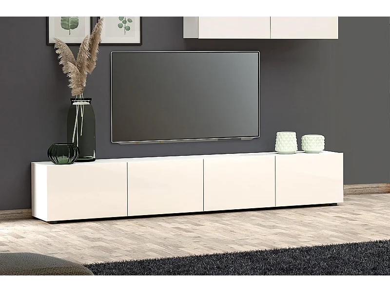 Dfalzeran tv-meubel, woonkamermeubel, lage tv-meubel, wandstandaard, Made in Italy, 225x38h39 cm, glanzend wit