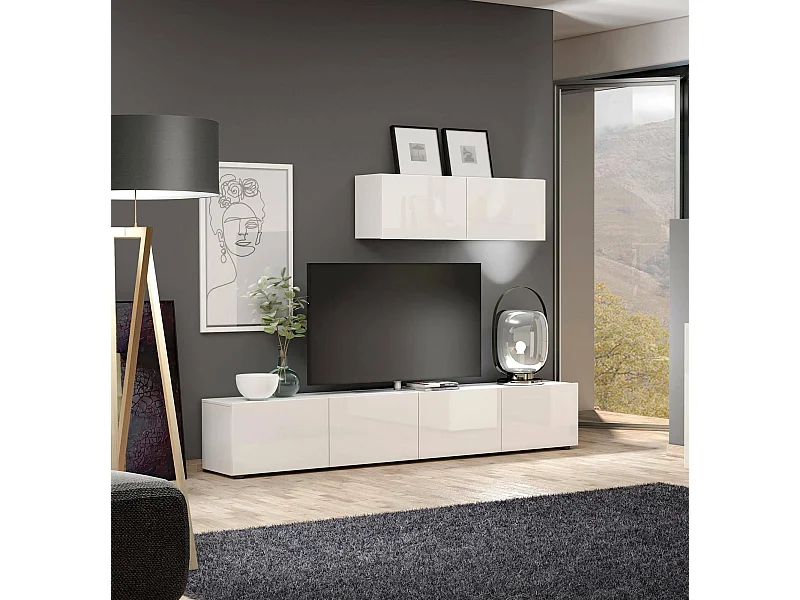 Armário de TV Dfalzeran, Aparador de sala, Armário de TV baixo, Base de parede equipada, Made in Italy, 225x38h39 cm, Branco brilhante