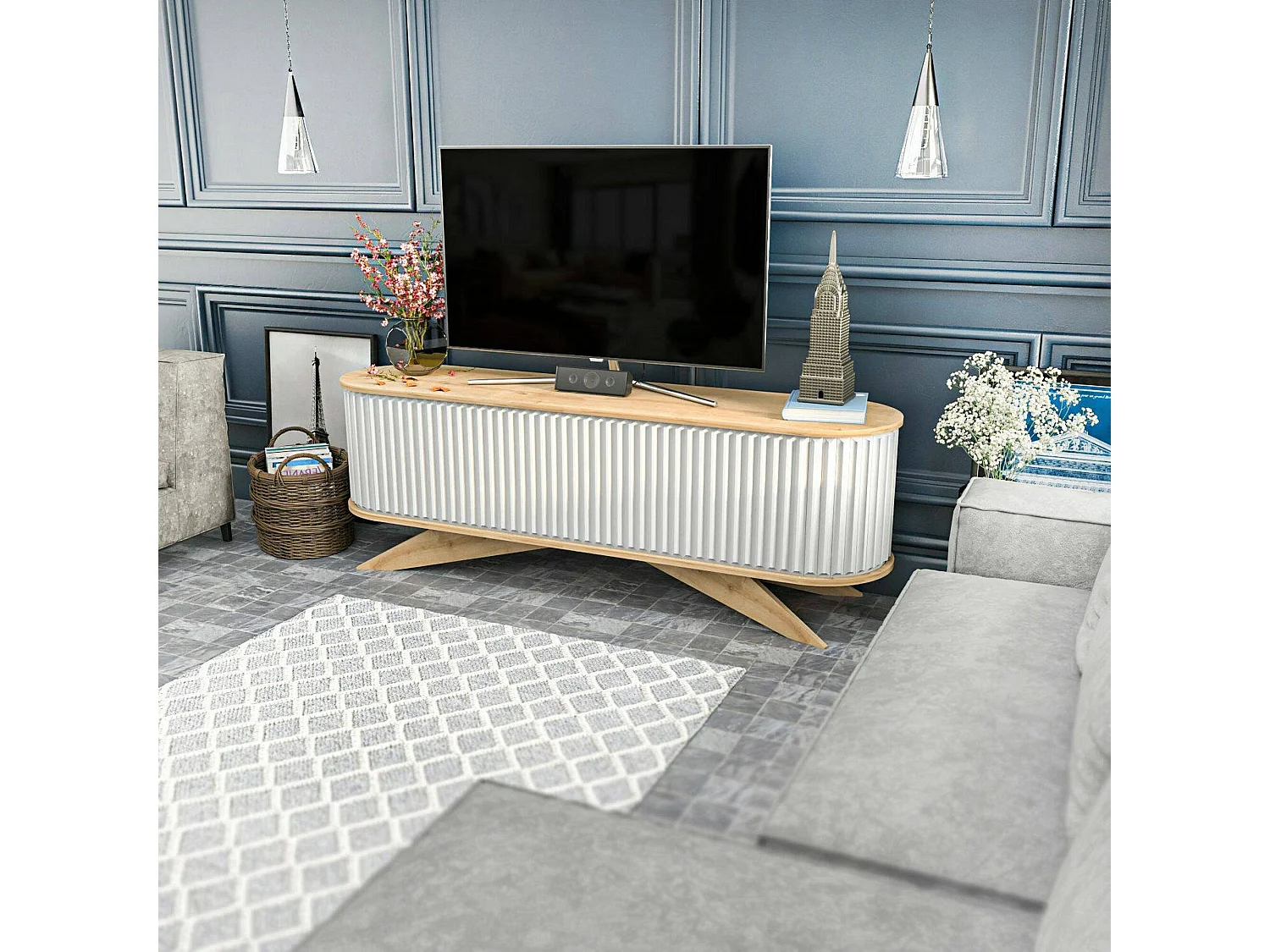 Meuble TV Aludra, Buffet de salon, Armoire basse pour TV, Base murale de rangement, 180x43h60 cm, Chêne et Blanc