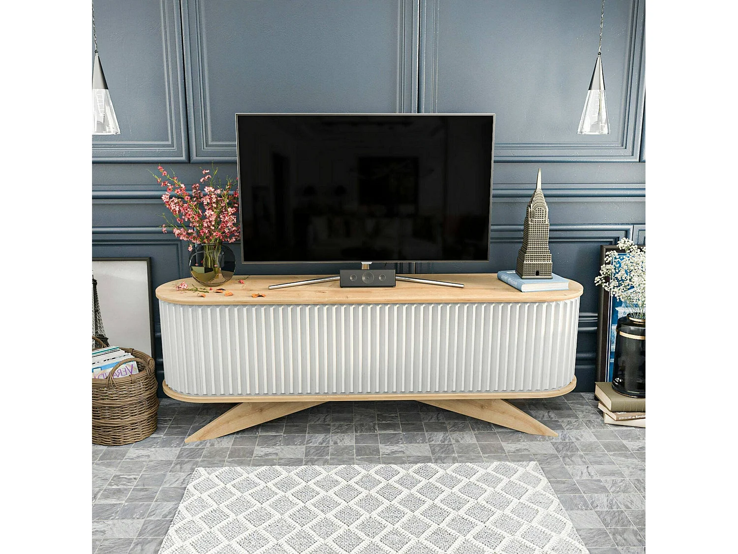 Meuble TV Aludra, Buffet de salon, Armoire basse pour TV, Base murale de rangement, 180x43h60 cm, Chêne et Blanc