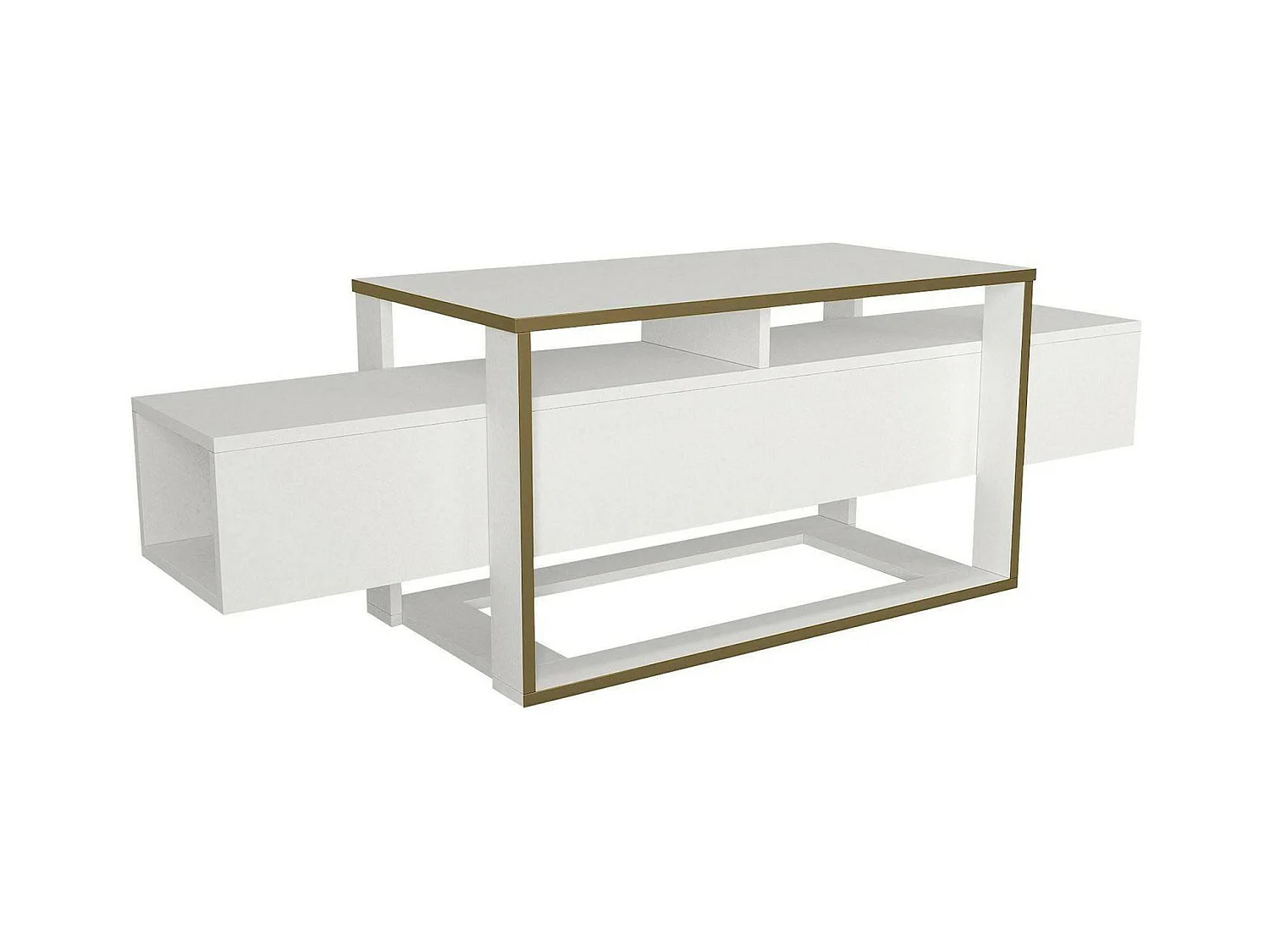 Meuble TV Callisto, Buffet de salon, Armoire basse pour TV, Base murale de rangement, 160x46h50 cm, Blanc et Or