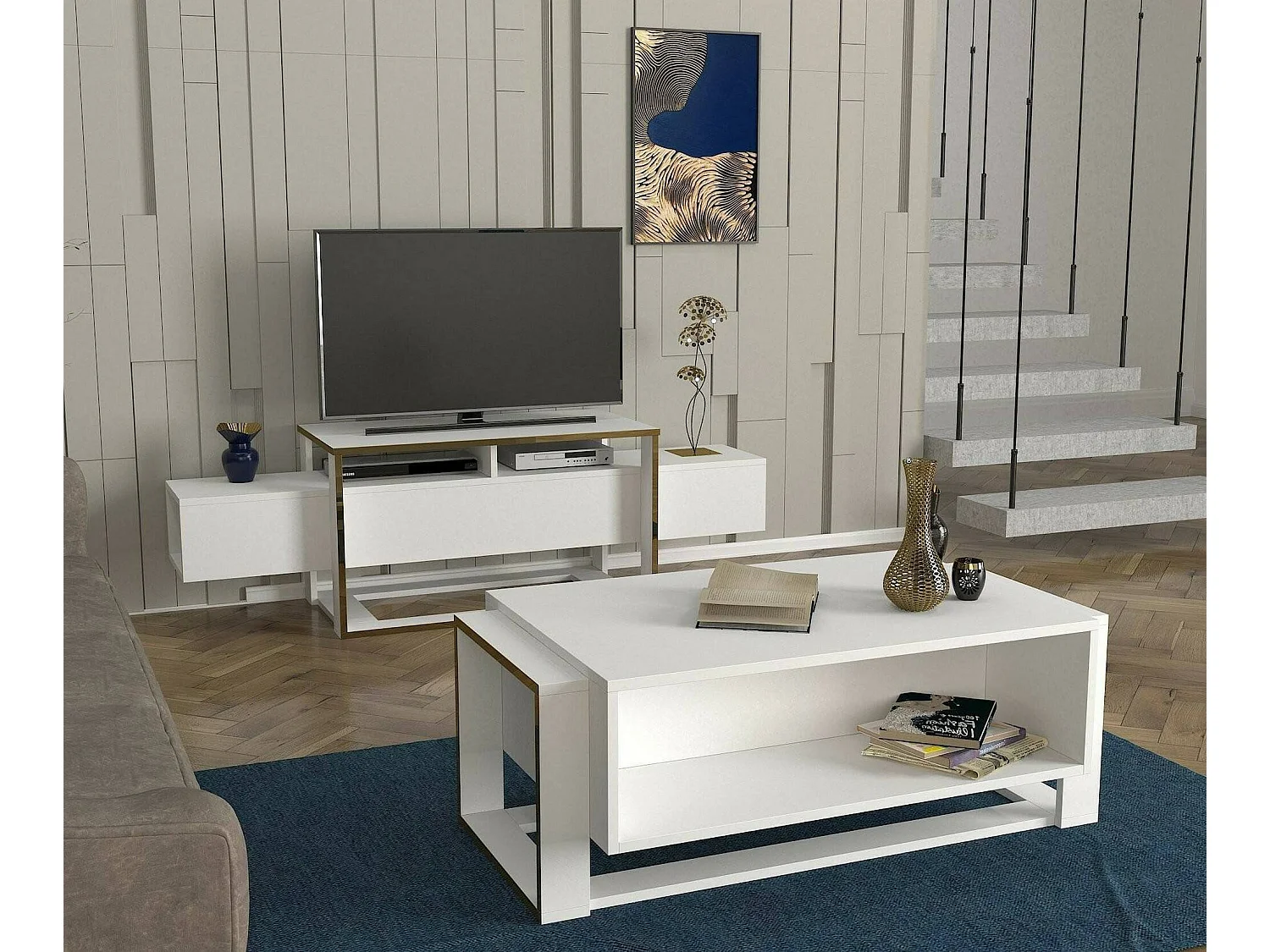 Meuble TV Callisto, Buffet de salon, Armoire basse pour TV, Base murale de rangement, 160x46h50 cm, Blanc et Or