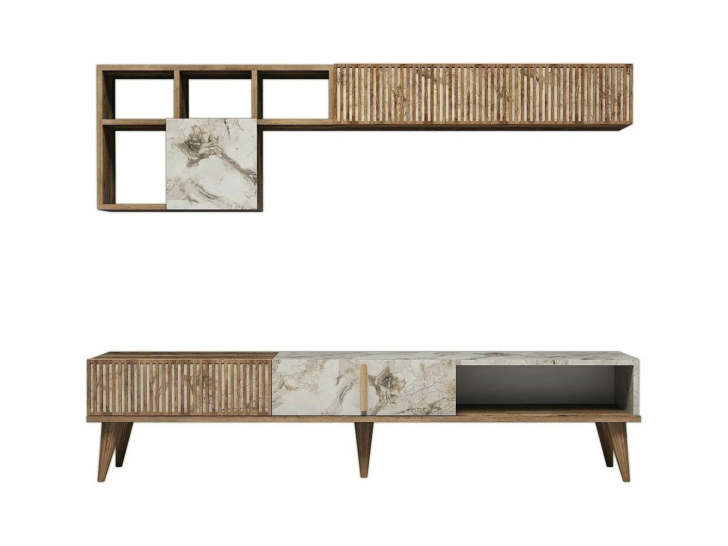 Meuble Mural Gemini, Composition du salon, Meubles de salon polyvalents, Meuble télé, 180x35h40 cm, Noyer et Marbre Blanc