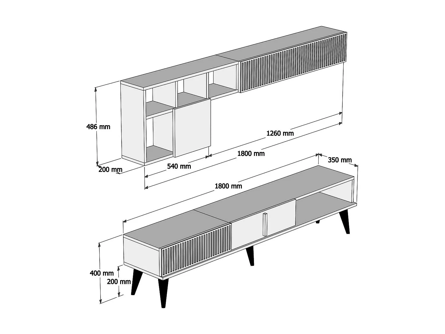 Dmora - Parete attrezzata Ostro, 180x35h40 cm, Noce e Bianco Marmo