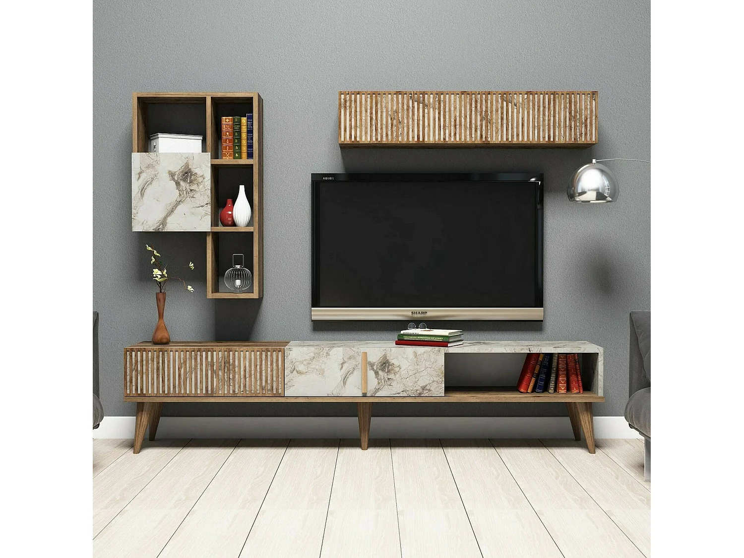 Dmora - Parete attrezzata Ostro, 180x35h40 cm, Noce e Bianco Marmo