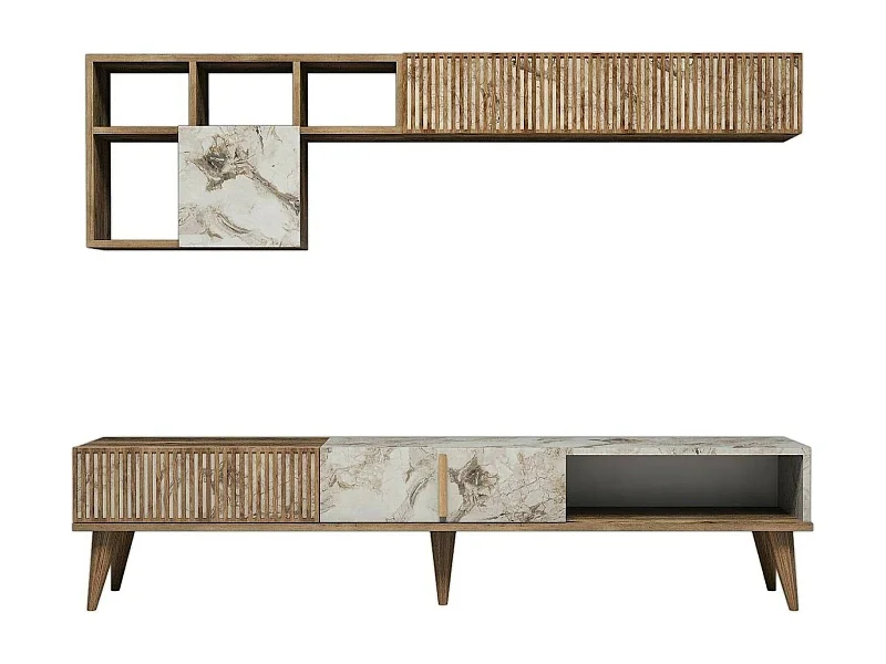 Parede equipada Dmalavas, Composição da sala de estar, Armário de estar multiusos, Armário de porta de TV, 180x35h40 cm, Nogueira e Mármore Branco