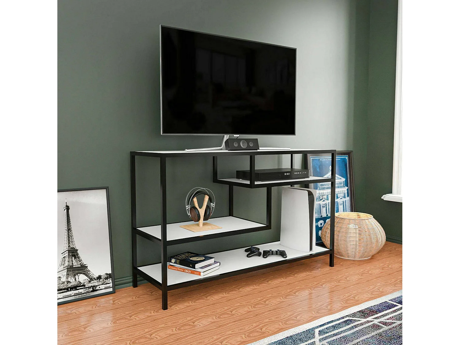 Meuble TV Vega, Buffet de salon, Armoire basse pour TV, Base murale de rangement, 120x39h75 cm, Blanc et Noir