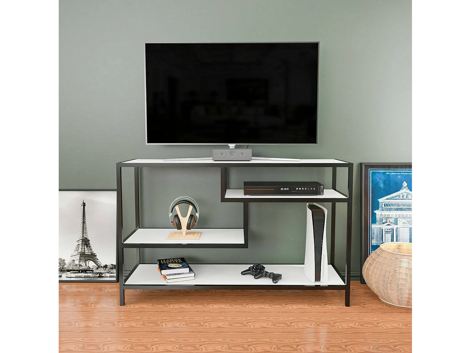 Meuble TV Vega, Buffet de salon, Armoire basse pour TV, Base murale de rangement, 120x39h75 cm, Blanc et Noir