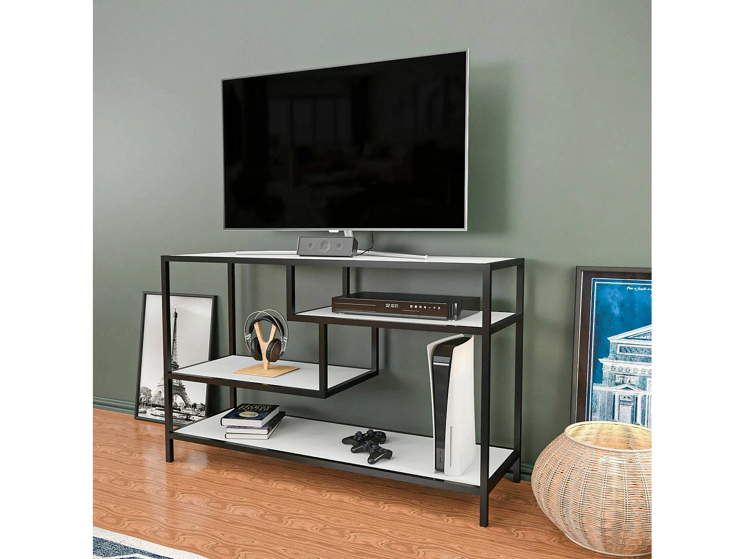 Meuble TV Vega, Buffet de salon, Armoire basse pour TV, Base murale de rangement, 120x39h75 cm, Blanc et Noir