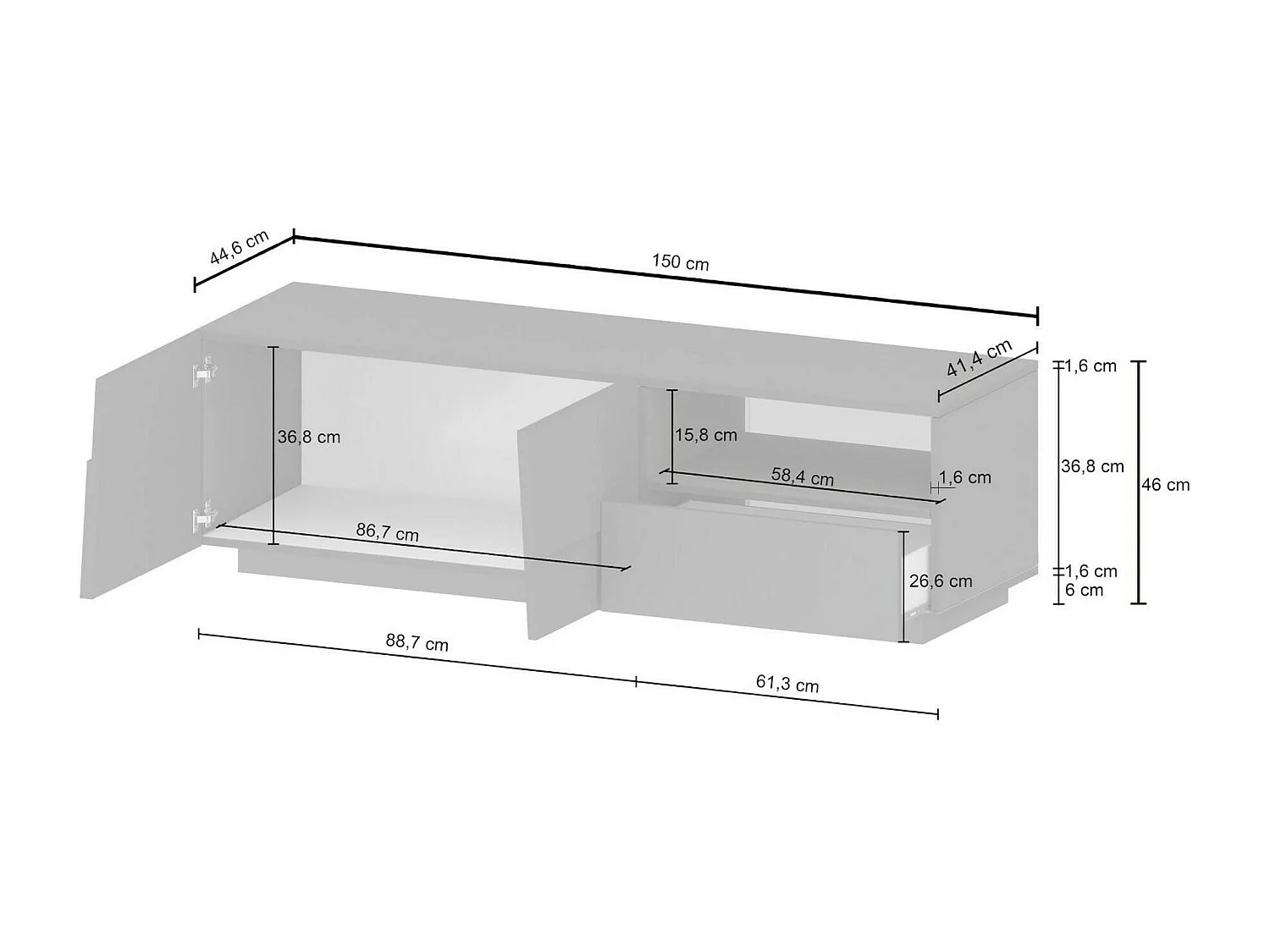 Meuble TV Velio, Buffet bas de salon avec 2 portes et 1 tiroir, Base meuble TV, 150x44h46 cm, Blanc brillant