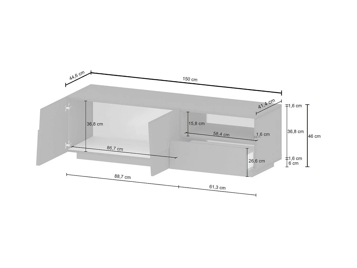 TV-Ständer Dcoulibal, niedriges Wohnzimmer-Kommode mit 2 Türen und 1 Schublade, TV-Ständer-Basis, 150x44x46 cm, glänzendes Weiß