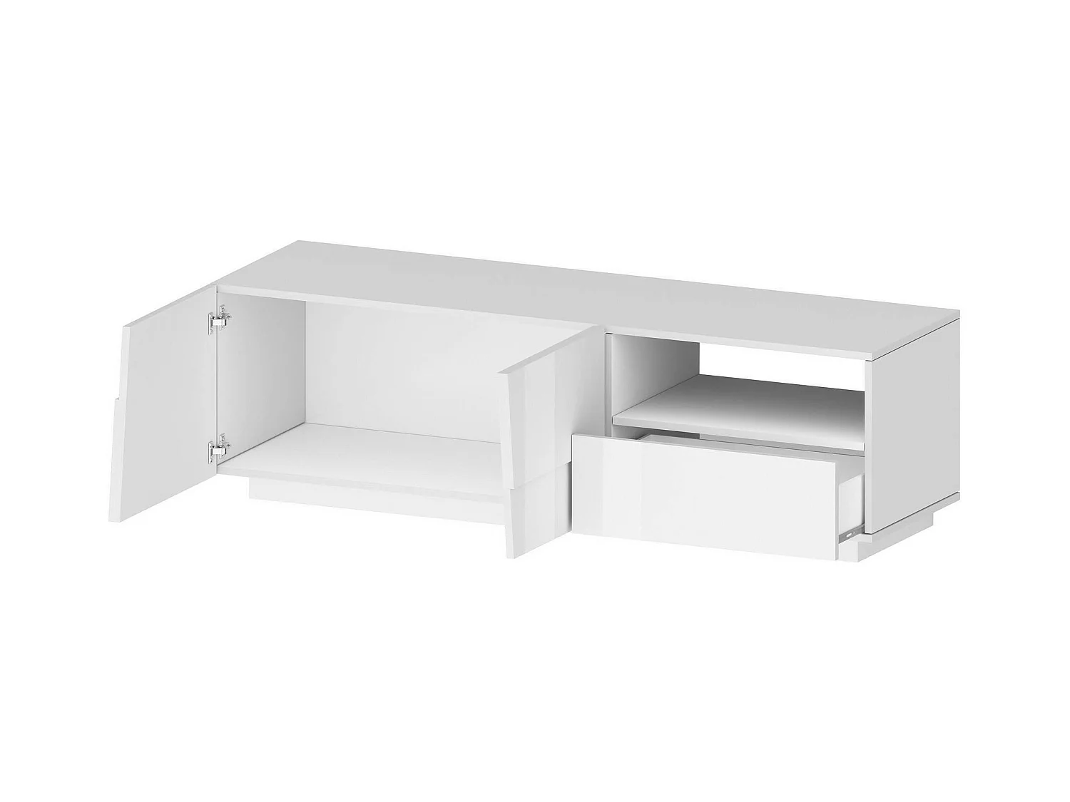 TV-Ständer Dcoulibal, niedriges Wohnzimmer-Kommode mit 2 Türen und 1 Schublade, TV-Ständer-Basis, 150x44x46 cm, glänzendes Weiß