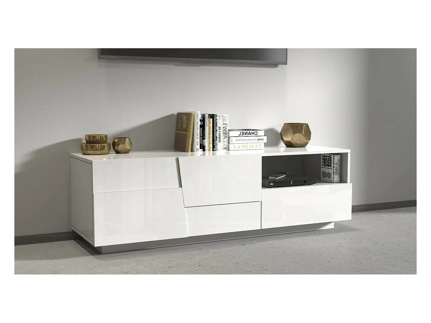 TV-Ständer Dcoulibal, niedriges Wohnzimmer-Kommode mit 2 Türen und 1 Schublade, TV-Ständer-Basis, 150x44x46 cm, glänzendes Weiß