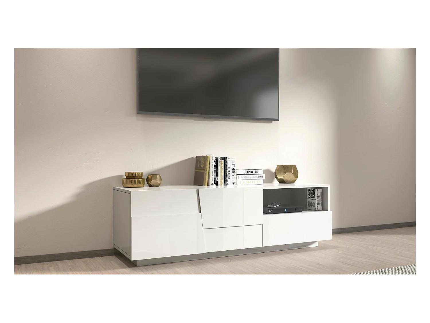 TV-Ständer Dcoulibal, niedriges Wohnzimmer-Kommode mit 2 Türen und 1 Schublade, TV-Ständer-Basis, 150x44x46 cm, glänzendes Weiß