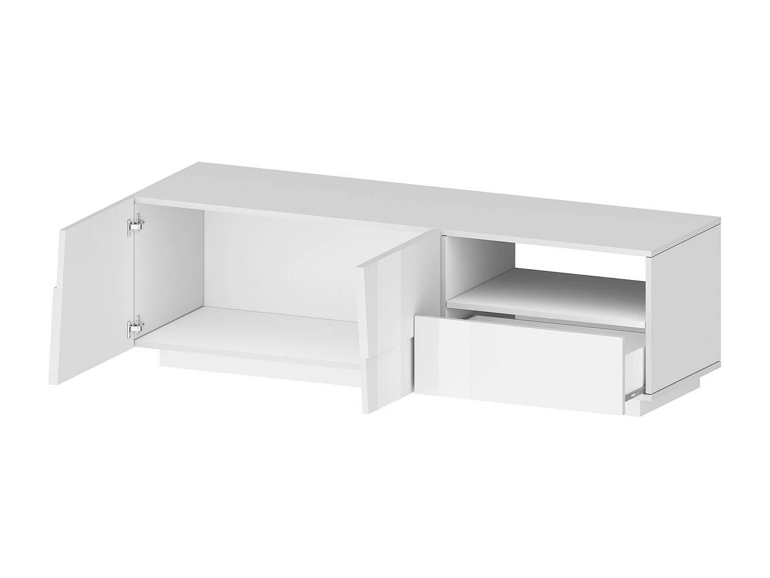 Meuble TV Velio, Buffet bas de salon avec 2 portes et 1 tiroir, Base meuble TV, 150x44h46 cm, Blanc brillant