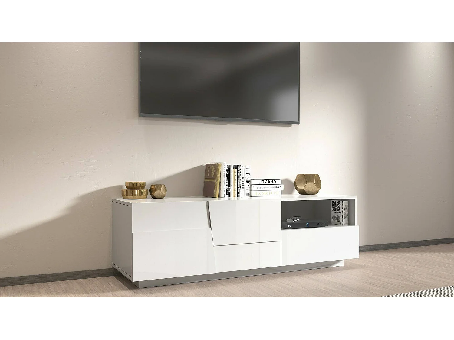 Meuble TV Velio, Buffet bas de salon avec 2 portes et 1 tiroir, Base meuble TV, 150x44h46 cm, Blanc brillant