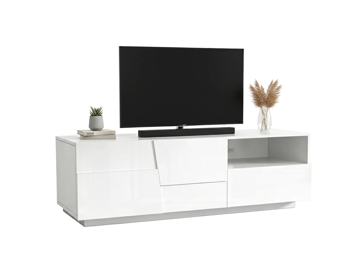 Meuble TV Velio, Buffet bas de salon avec 2 portes et 1 tiroir, Base meuble TV, 150x44h46 cm, Blanc brillant