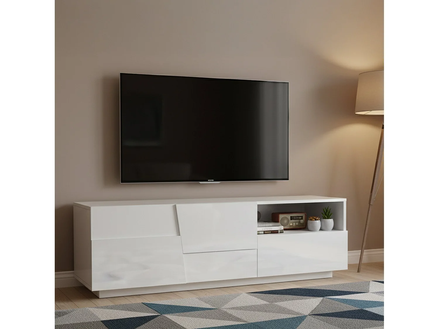Meuble TV Velio, Buffet bas de salon avec 2 portes et 1 tiroir, Base meuble TV, 150x44h46 cm, Blanc brillant