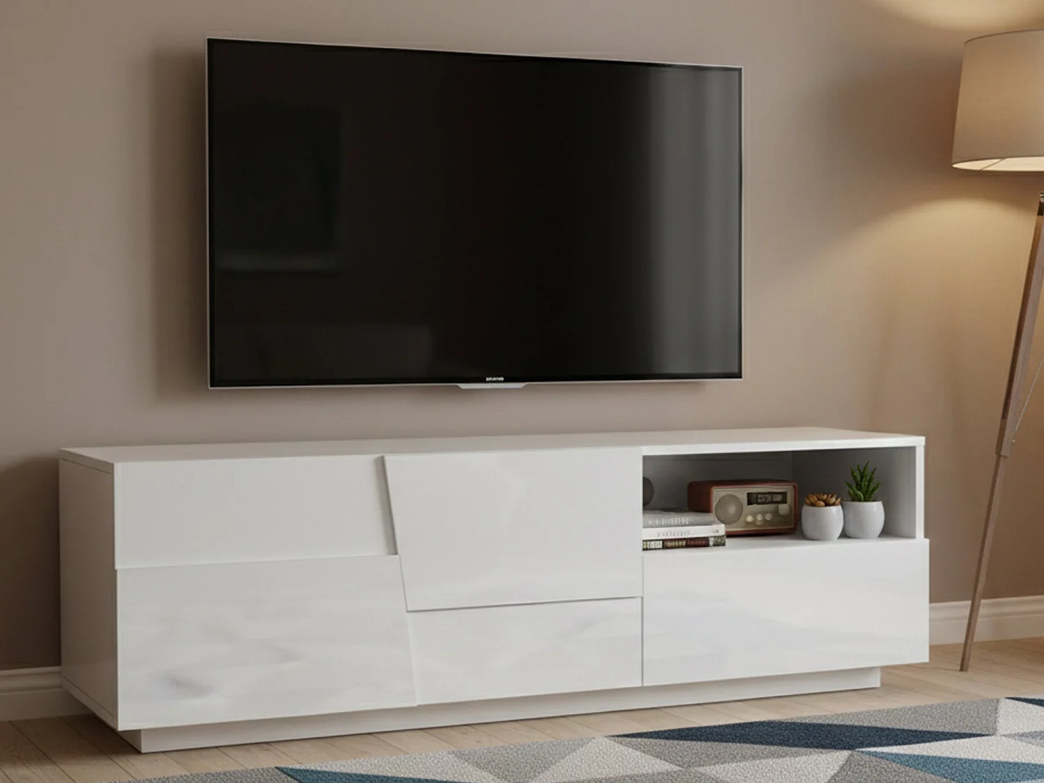 Meuble TV Velio, Buffet bas de salon avec 2 portes et 1 tiroir, Base meuble TV, 150x44h46 cm, Blanc brillant